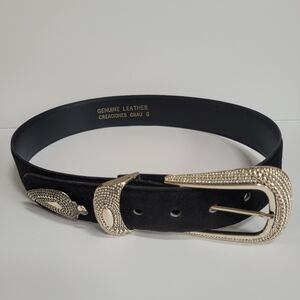 Genuine Black Leather Belt with Ornate Silver Design and Buckle Size S